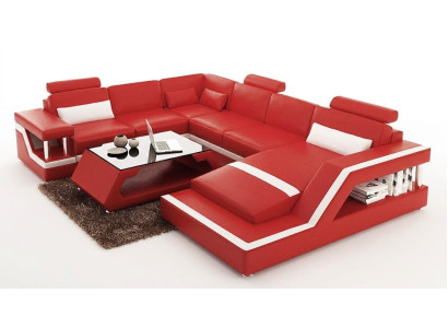 Sofá de esquina rojo de cuero grande XXL en forma de U, sofá de salón, sofá.