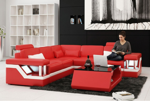 Sofá de diseñador sofá esquinero de cuero textil tapicería conjunto de muebles de salón.