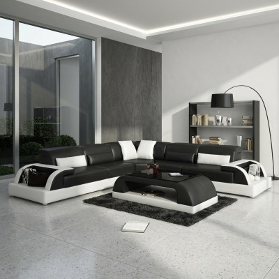 Sofá esquinero en forma de L + mesa de centro Sofá Diseño Gris Tapizado Cuero