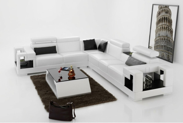 Sofá sofisticado de diseñador, sofá esquinero de cuero, conjunto de tapicería de tela y textil para salón.