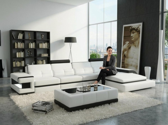 Sofá de esquina en forma de L, sofá, diseño gris, tapizado, cuero, moderno, iluminado.