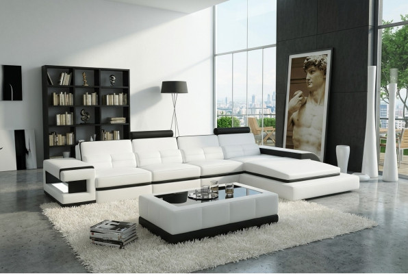 Sofá de esquina en forma de L, sofá, diseño gris, tapizado, cuero, moderno, iluminado.