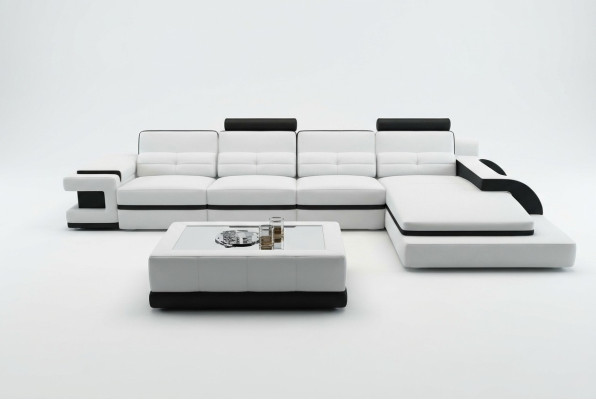 Sofá de esquina en forma de L, sofá, diseño gris, tapizado, cuero, moderno, iluminado.