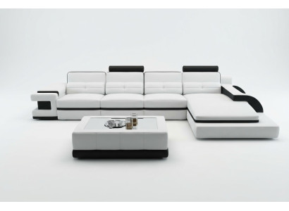Sofá de esquina en forma de L, sofá, diseño gris, tapizado, cuero, moderno, iluminado.