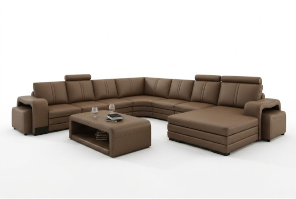 Diseño de salón en forma de U, puff, mesa de café, sofá esquinero, tapizado.