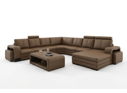 Diseño de salón en forma de U, puff, mesa de café, sofá esquinero, tapizado.