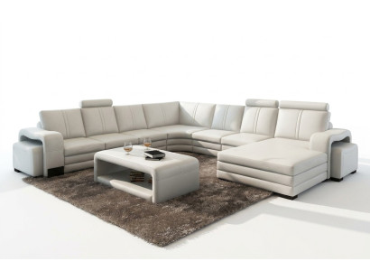 Sofá esquinero en forma de U + 2 taburetes + mesa de centro Diseño de sofá gris tapizado en cuero.