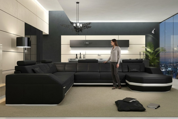 Sofá de esquina de cuero grande XXL en forma de U, conjunto de decoración de sofá sofá.