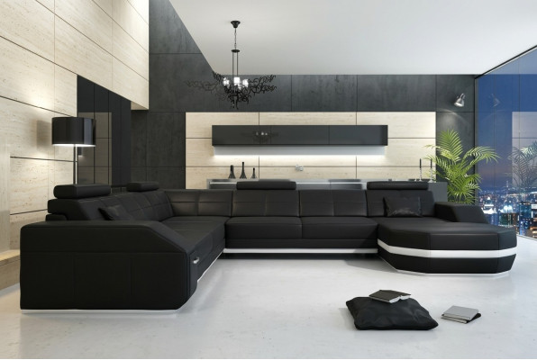Sofá de esquina de cuero grande XXL en forma de U, conjunto de decoración de sofá sofá.