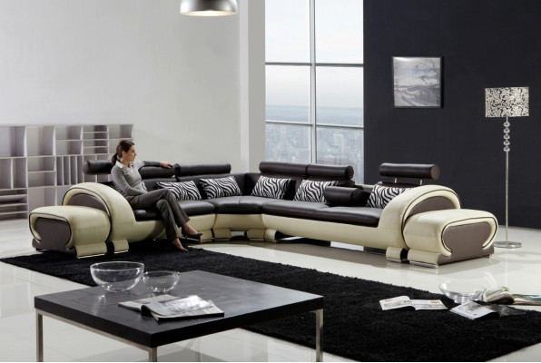 Sofá esquinero en forma de L con 2 taburetes, sofá, diseño gris, tapizado de cuero moderno.