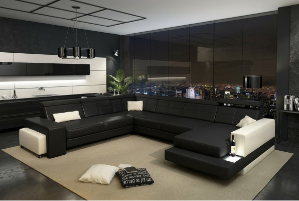 Conjunto de diseñador para sala de estar en forma de U con sofá de esquina y tapicería.