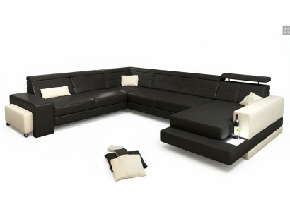 Conjunto de diseñador para sala de estar en forma de U con sofá de esquina y tapicería.