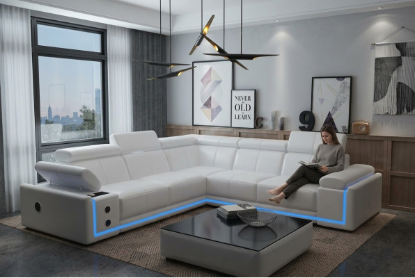 Sofá de esquina de cuero iluminado en forma de L con sistema de sonido y luces LED moderno.