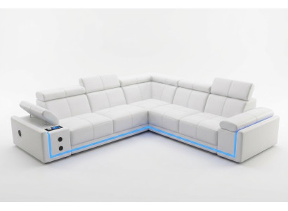 Sofá de esquina de cuero iluminado en forma de L con sistema de sonido y luces LED moderno.