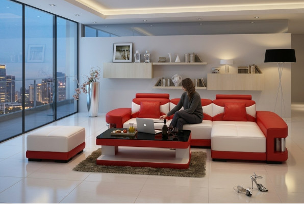 Sofá de piel sofá en forma de L otomana set acolchado sofá diseño