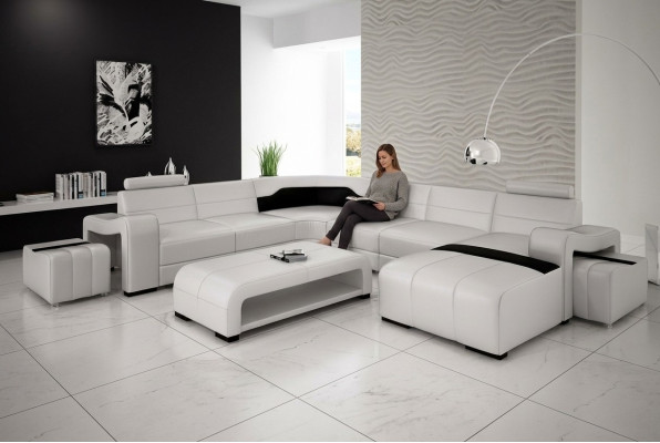 Sofá de esquina modular con cojines y sillones + 2 taburetes.