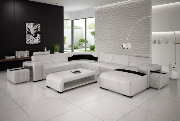 Sofá de esquina modular con cojines y sillones + 2 taburetes.