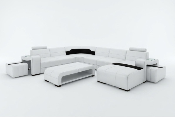 Sofá de esquina modular con cojines y sillones + 2 taburetes.