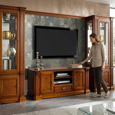 Sala de estar estilo antiguo cómoda de madera armario de televisión barroco italiano.