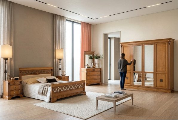Dormitorio completo con cómoda, cama, armario, dos camas, mesita de noche. 6 piezas de madera maciza.