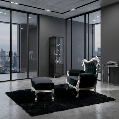 Silla + Reposapiés Sillón Tapizado Diseño Lujo Madera Maciza Clásico Barroco Rococó Conjunto