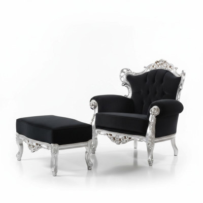 Silla + Reposapiés Sillón Tapizado Diseño Lujo Madera Maciza Clásico Barroco Rococó Conjunto