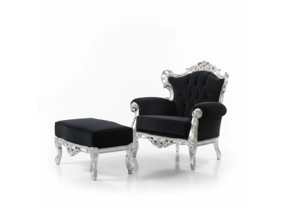 Silla + Reposapiés Sillón Tapizado Diseño Lujo Madera Maciza Clásico Barroco Rococó Conjunto