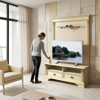 Armario de televisión, pared de televisión, mueble auxiliar de televisión bajo estilo antiguo italiano de madera.
