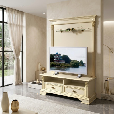 Armario de televisión, pared de televisión, mueble auxiliar de televisión bajo estilo antiguo italiano de madera.