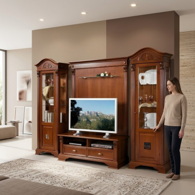 Clásica pared de estar de madera maciza con vitrina de salón, aparador, estante de TV y armario de pared de 4 piezas.