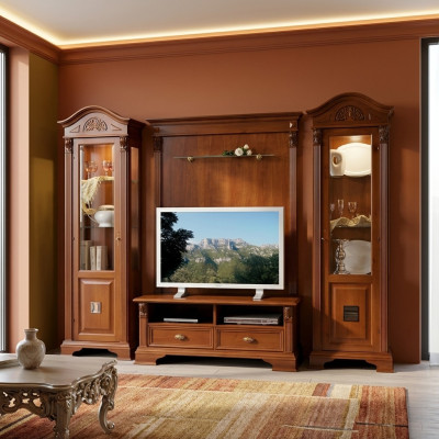 Clásica pared de estar de madera maciza con vitrina de salón, aparador, estante de TV y armario de pared de 4 piezas.