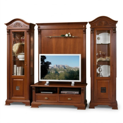 Clásica pared de estar de madera maciza con vitrina de salón, aparador, estante de TV y armario de pared de 4 piezas.