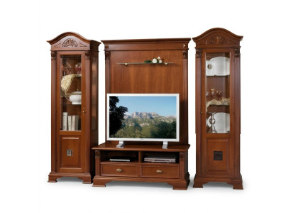 Clásica pared de estar de madera maciza con vitrina de salón, aparador, estante de TV y armario de pared de 4 piezas.