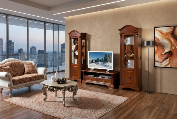 Conjunto de pared de salón con vitrinas, vitrina, cómoda, muebles de salón, juego de muebles de madera maciza.