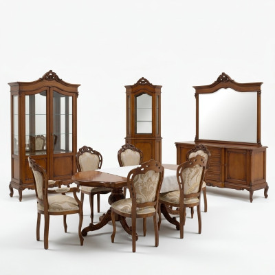 Muebles italianos de estilo barroco para el comedor, conjunto de 11 piezas. Mesa, sillas, cómoda en madera maciza.