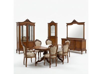 Muebles italianos de estilo barroco para el comedor, conjunto de 11 piezas. Mesa, sillas, cómoda en madera maciza.
