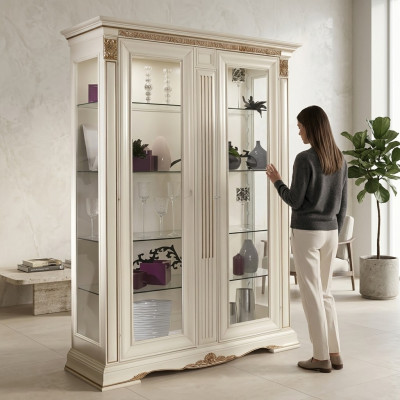 Vitrina de cristal armario de salón escaparate de 2 piezas estilo barroco rococó Italia madera maciza