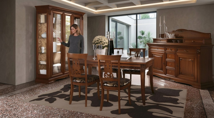 Comedor completo Mesa Cómoda Set de 4 sillas Vitrina Barroca Madera maciza