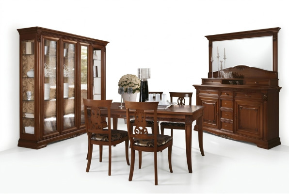 Comedor completo Mesa Cómoda Set de 4 sillas Vitrina Barroca Madera maciza
