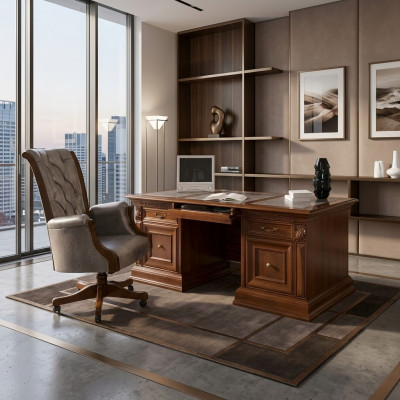 Mobiliario de oficina, esquina de trabajo, sillón de oficina, muebles de oficina, silla del jefe, barroco, rococó, 3 piezas de madera maciza.
