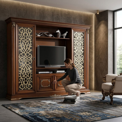 Diseño de sala de estar con pared de TV, unidad de medios, pared de TV, armario de TV, pared de estar de madera maciza.