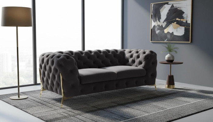 Chesterfield sofá de diseñador de terciopelo de 2 plazas, sofá de tela de terciopelo con patas doradas.