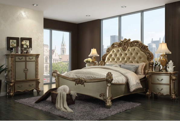 Diseño de lujo Conjunto de dormitorio Cama 2 mesitas de noche Decoración Cómoda Juego