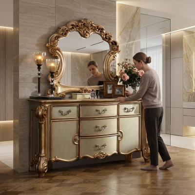 Buffet Aparador Cómoda Espejo Hecho a mano de verdad Madera Clásico Barroco Rococó