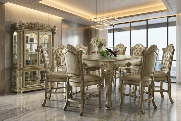 Conjunto de comedor clásico dorado: mesa de comedor rectangular, 8 sillas Chesterfield, vitrina. Juego de 10 piezas.