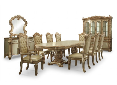 Mesa de comedor con vitrina, mesa, 8 sillas, tocador, espejo, estilo barroco.