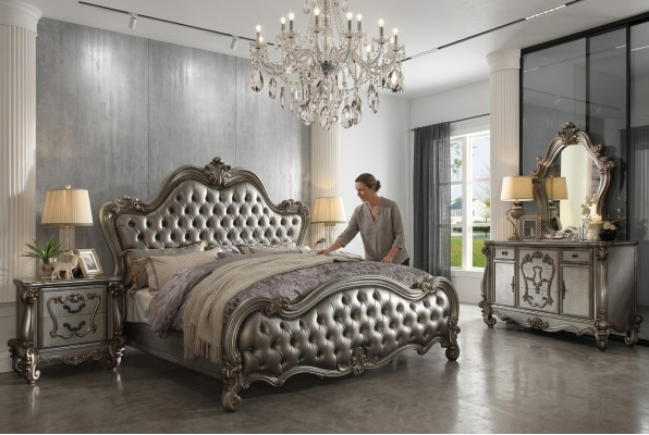 Conjunto de dormitorio de muebles clásicos cama mesita de noche cómoda espejo de 5 piezas.