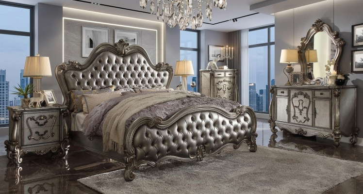 Conjunto de dormitorio de muebles clásicos cama mesita de noche cómoda espejo de 5 piezas.