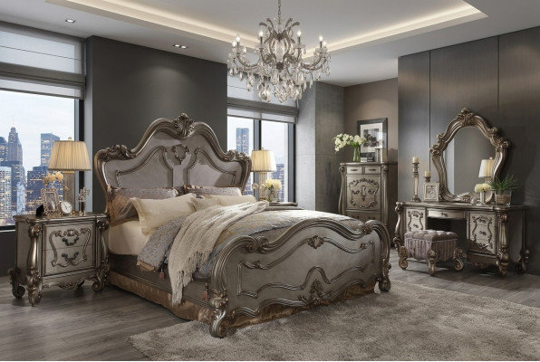 Conjunto de dormitorio clásico con cama, 2 mesitas de noche, cómoda y espejo de 5 piezas.