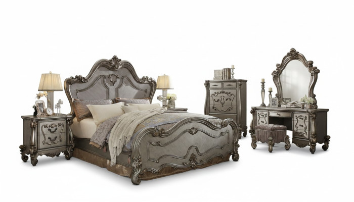 Conjunto de dormitorio clásico con cama, 2 mesitas de noche, cómoda y espejo de 5 piezas.